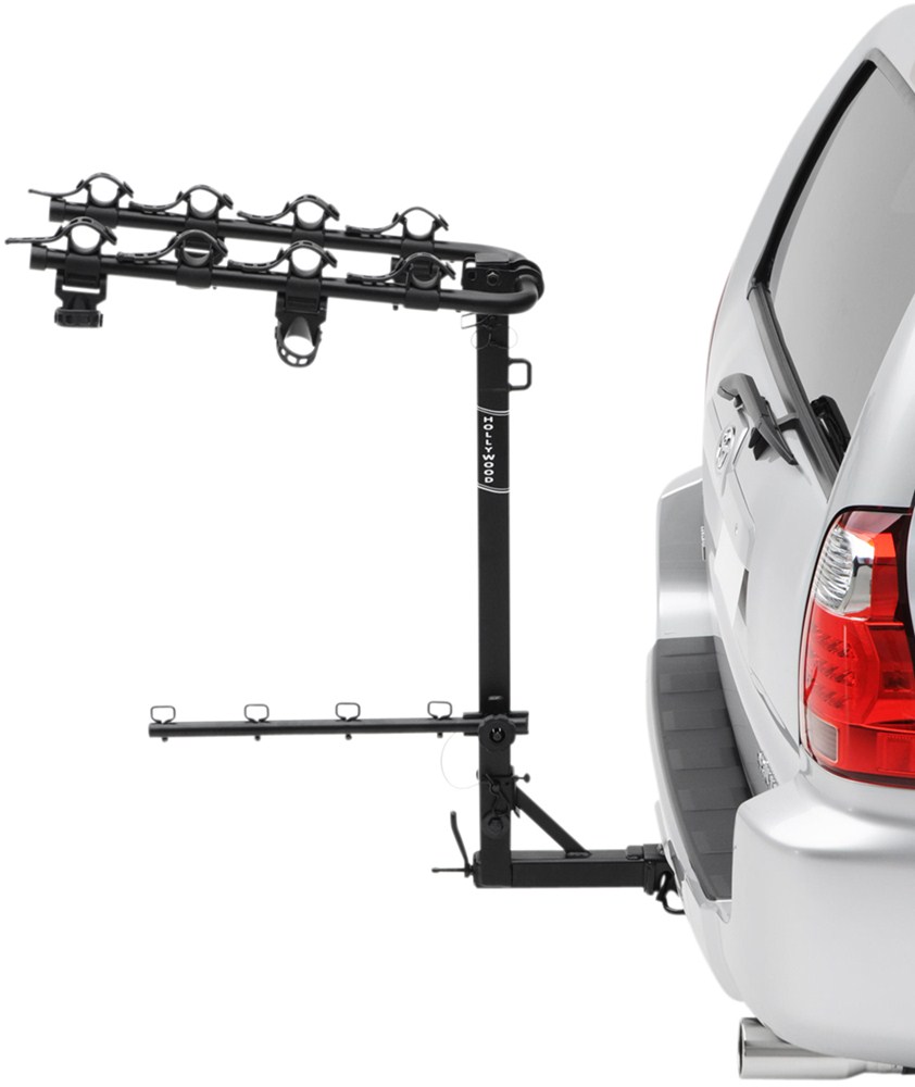Fits both 2 inch and 1-1/4 inch receiver hitches; Holds up to four bikes; Reflective  red end. (1). Allen Deluxe 3-Bike Hitch Mount Rack (1.25 or 2-Inch Receiver).