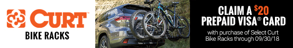 Claim a 20 Dollar Prepaid Visa Gift Card Mail In Rebate with Purchase of Select Curt Hitch Mounted Bike Rack