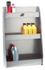 Tow-rax storage cabinet with three shelves holding oil and cans. 