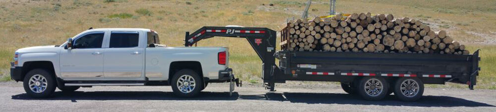 White truck pulling gooseneck trailer filled with logs.