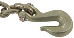 Closeup of hook at end of tie-down chain