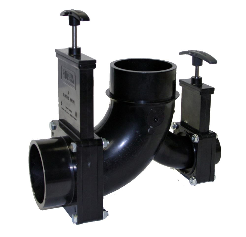 Double RV Waste Valves - Elbow - Rotating - 3" and 1.5" Spigots to 3