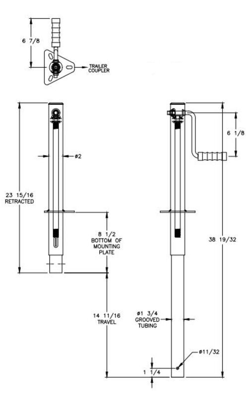 AFrame Trailer Jack with Caster Wheel Sidewind 15" Travel 1,000
