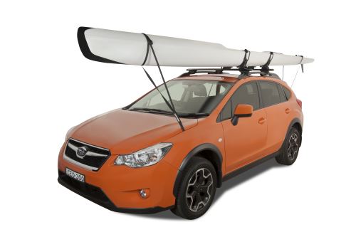 Kayak secured to car with bow/stern strap and anchors (front view)