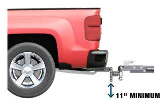 An illustration shows the eleven inch clearance level needed between the ground and B and W Tow and Stow hitch.