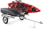 Yakima Rack and Roll trailer holding kayak, bikes and cargo box.