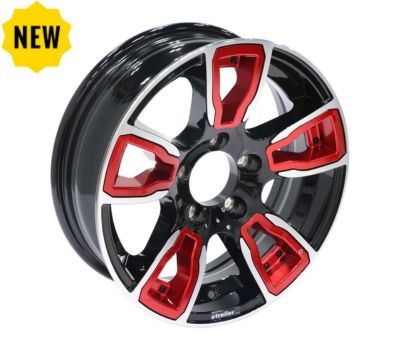 Aluminum AM06 Black Machined Trailer Wheel w/ Red Inserts.