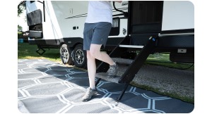 woman walking down RV Steps. 