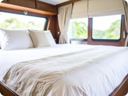 RV bedroom with bed and closet.